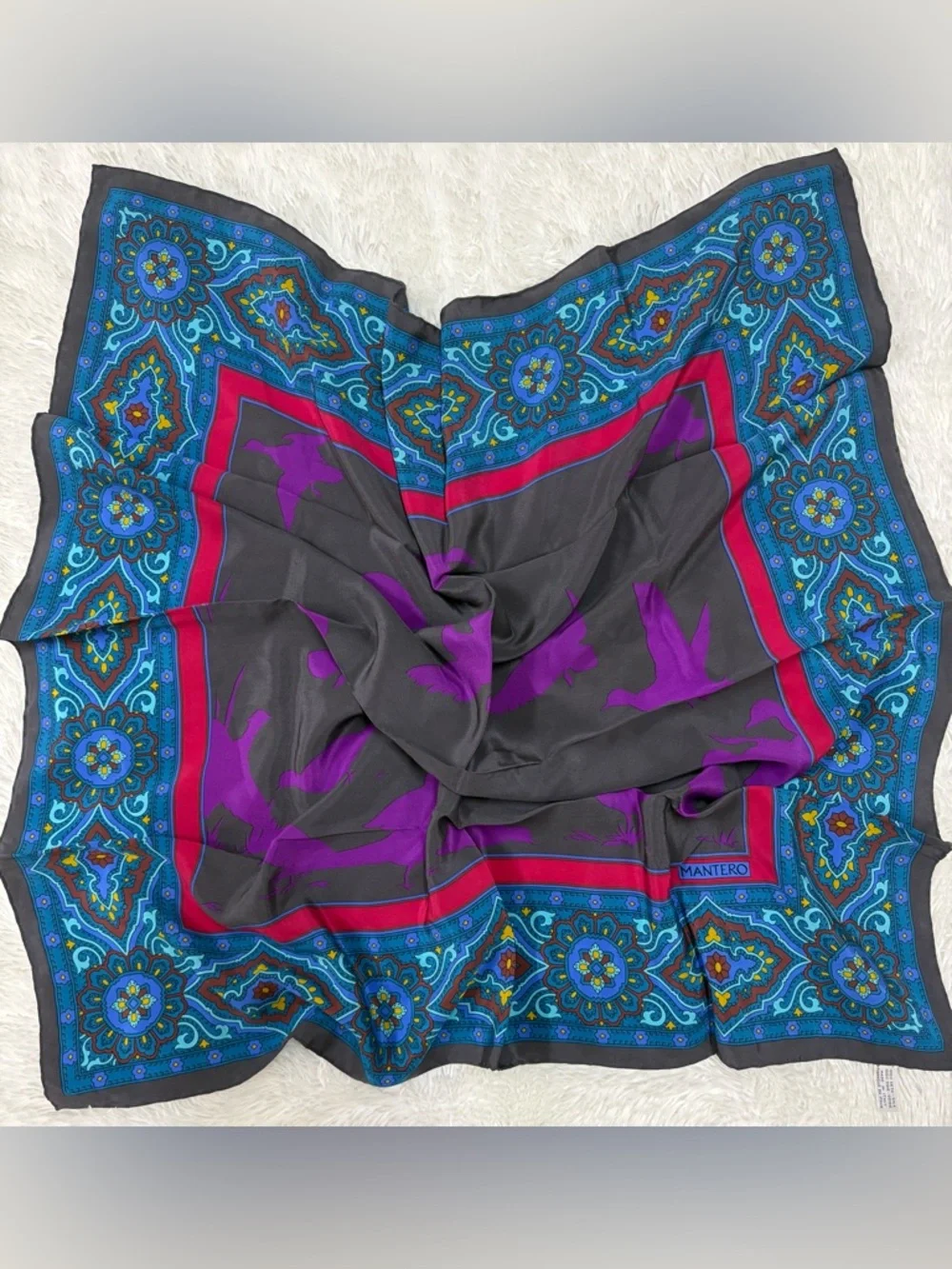 Mantero Multicolor Silk-Feel Square Scarf — Teal, Purple & Red Accents